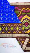 Traditional Handloom Pochampalli Pure Silk Saree Royal Blue Body with Coffee Brown