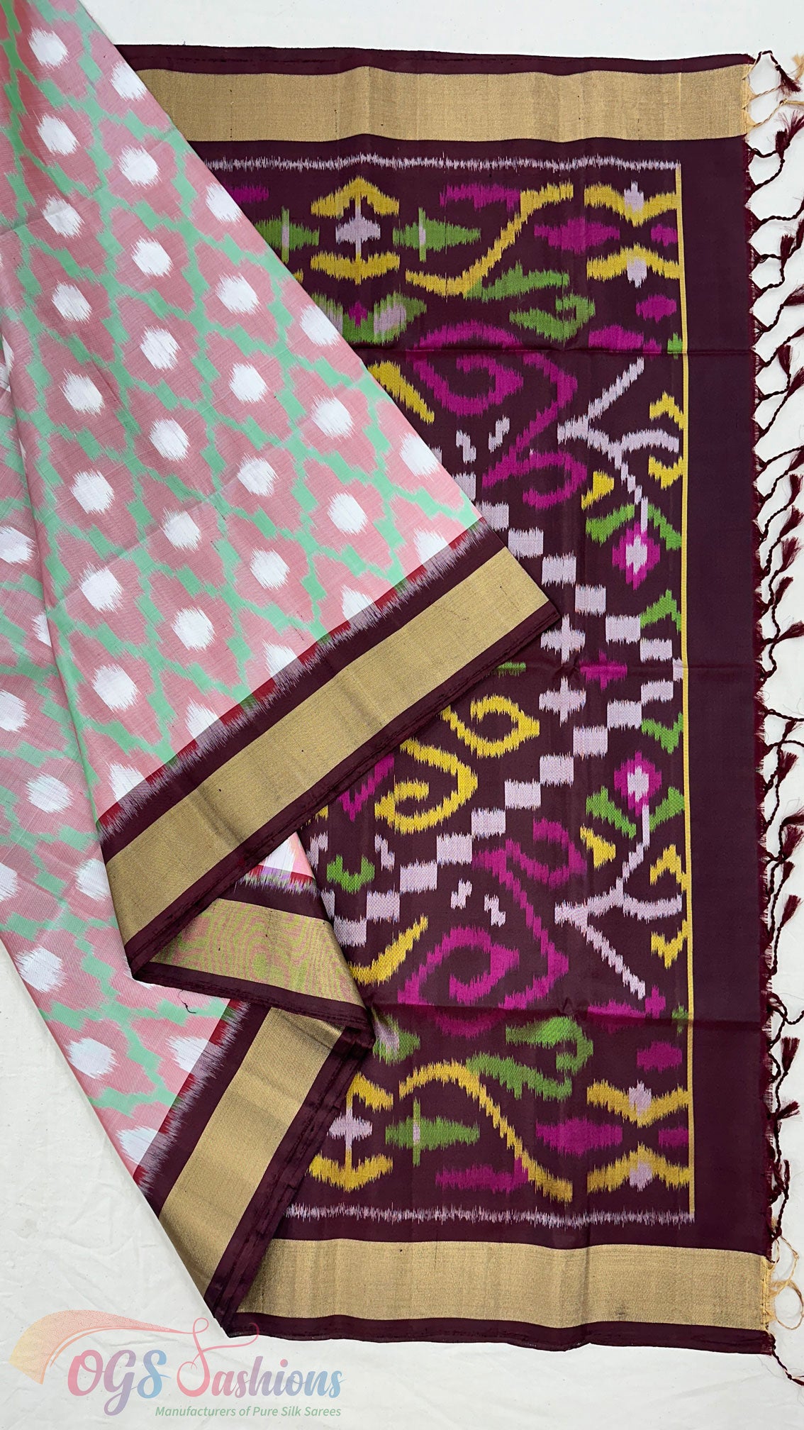 Traditional Handloom Pochampalli Pure Silk Saree Baby Pink Body with Coffee Brown