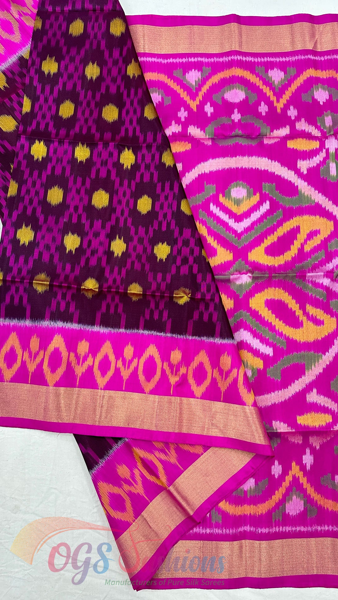 Traditional Handloom Pochampalli Pure Silk Saree Brown with Magenta and Rose Pallu