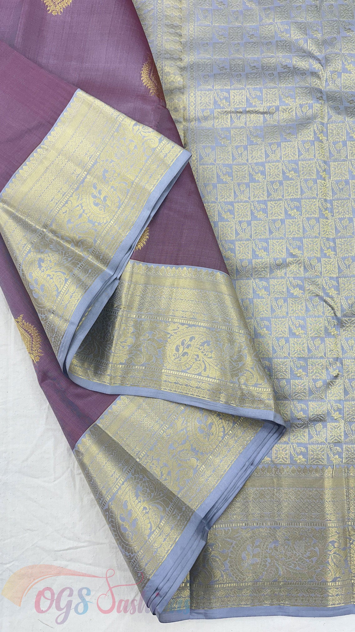 Kanchipuram Traditional Pure Silk Saree with Rosy Quratz body & Blue Grey Pallu