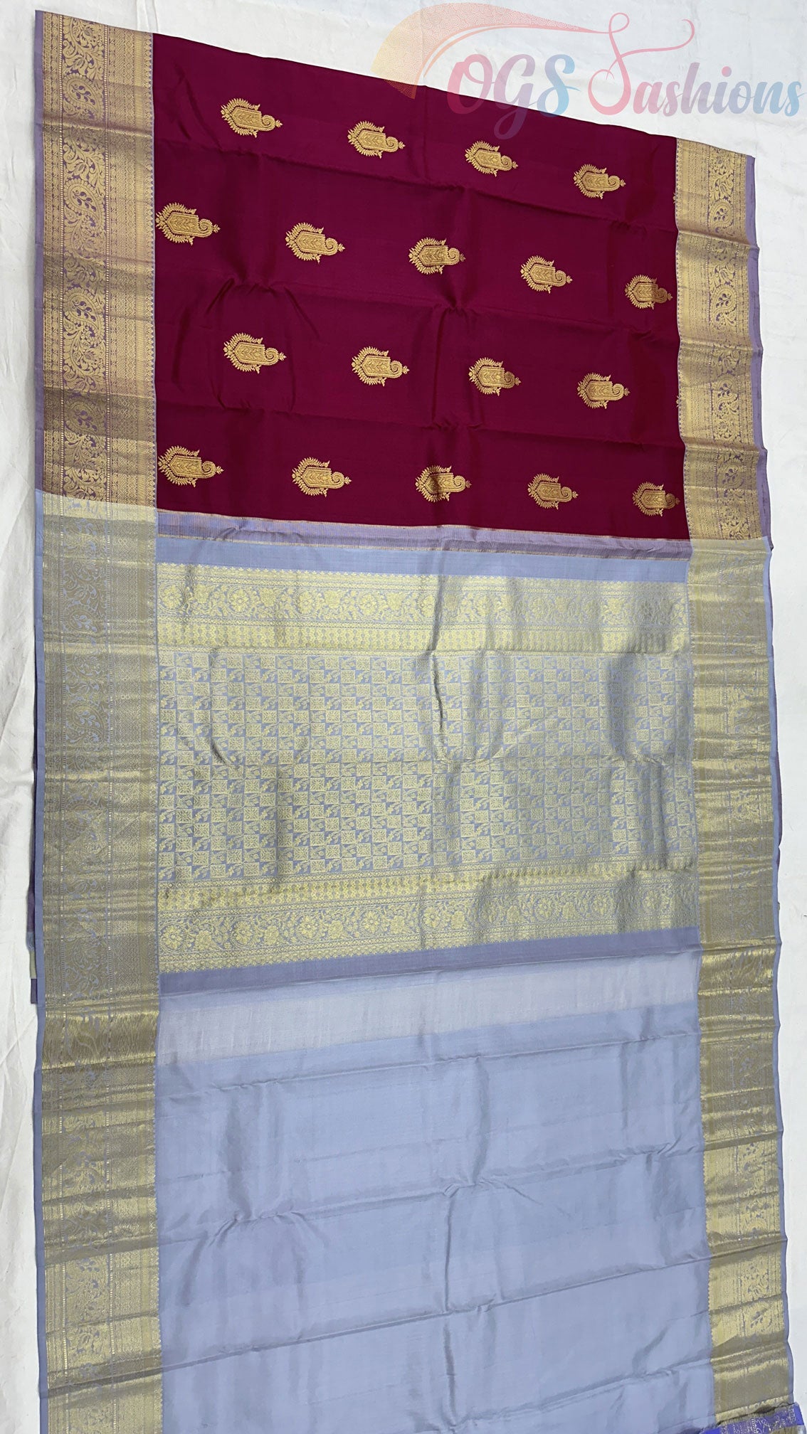 Kanchipuram Traditional Pure Silk Saree with Maroon Body & Blue Grey Pallu