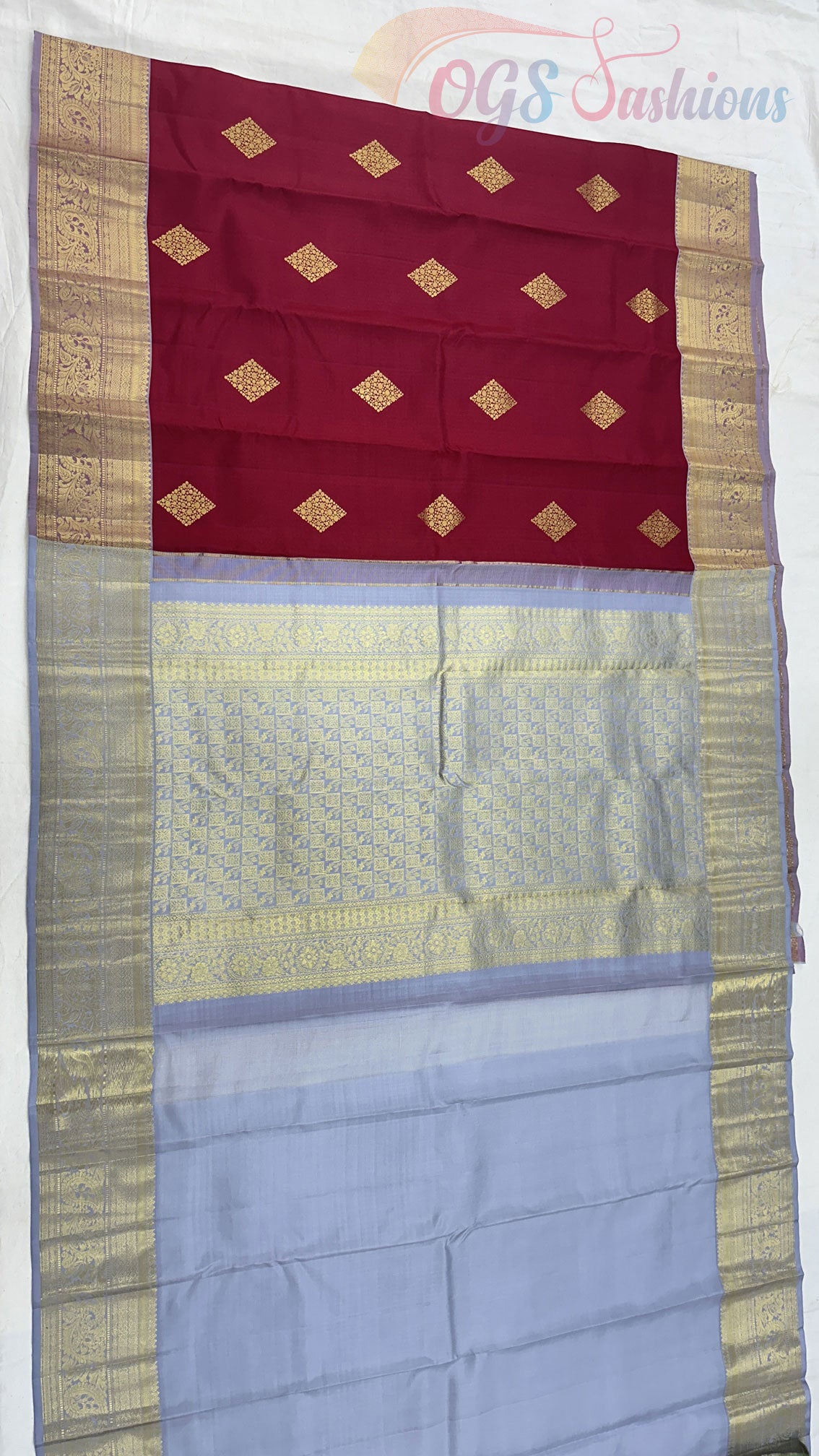 Kanchipuram Traditional Pure Silk Saree with Maroon Body & Blue Gray Pallu