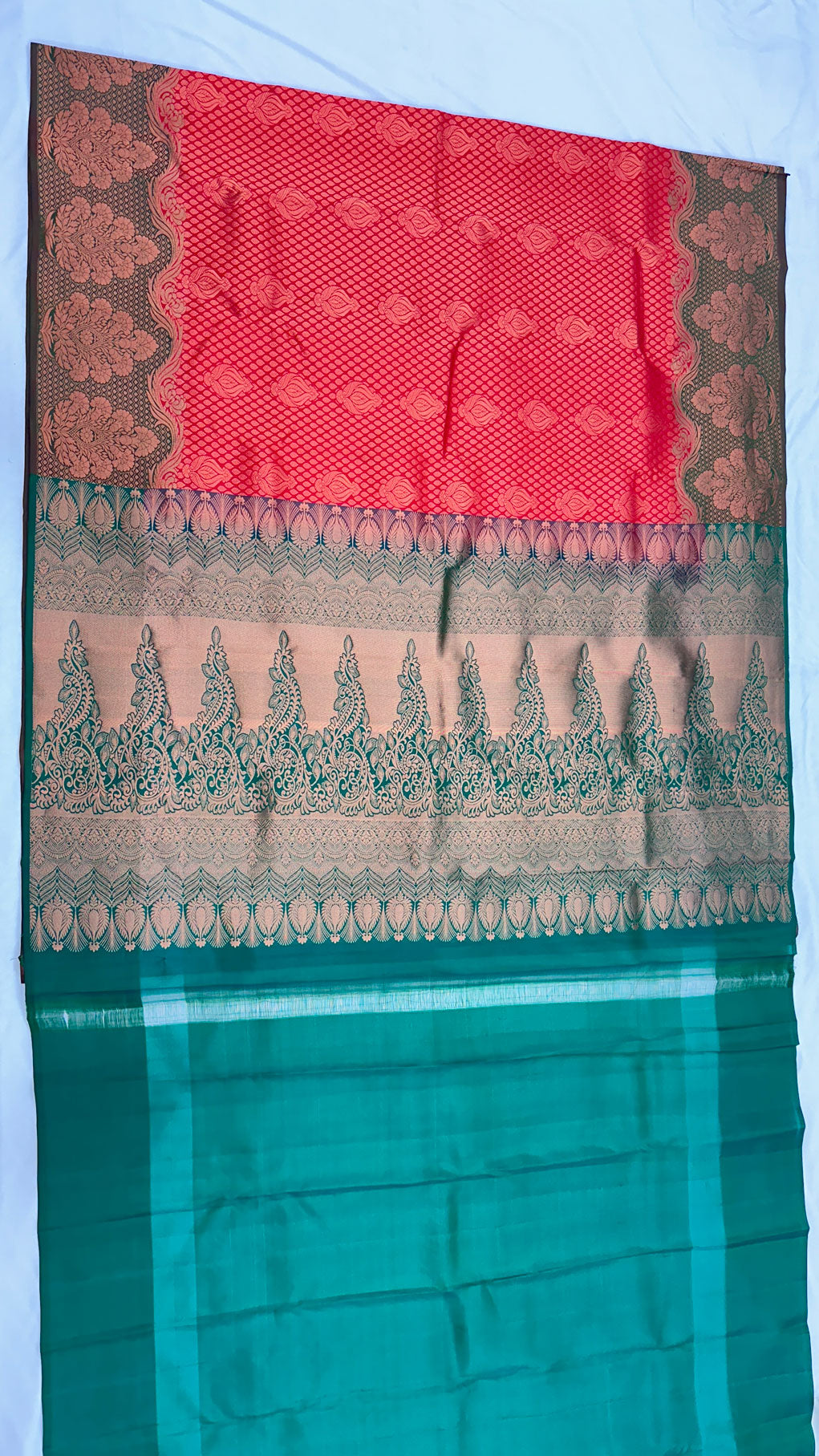 Kanchipuram Bridal Silk Saree with Red Body with Green Border, Pallu, Blouse
