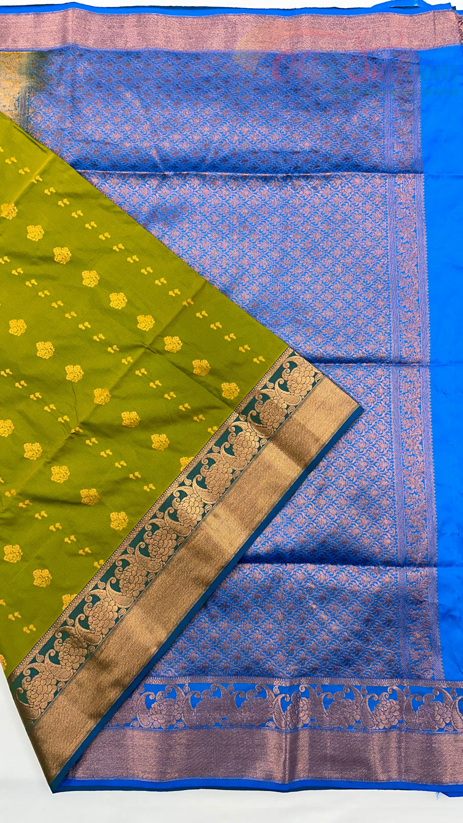 Semi Silk Gold With Olive Body with Royal Blue Pallu
