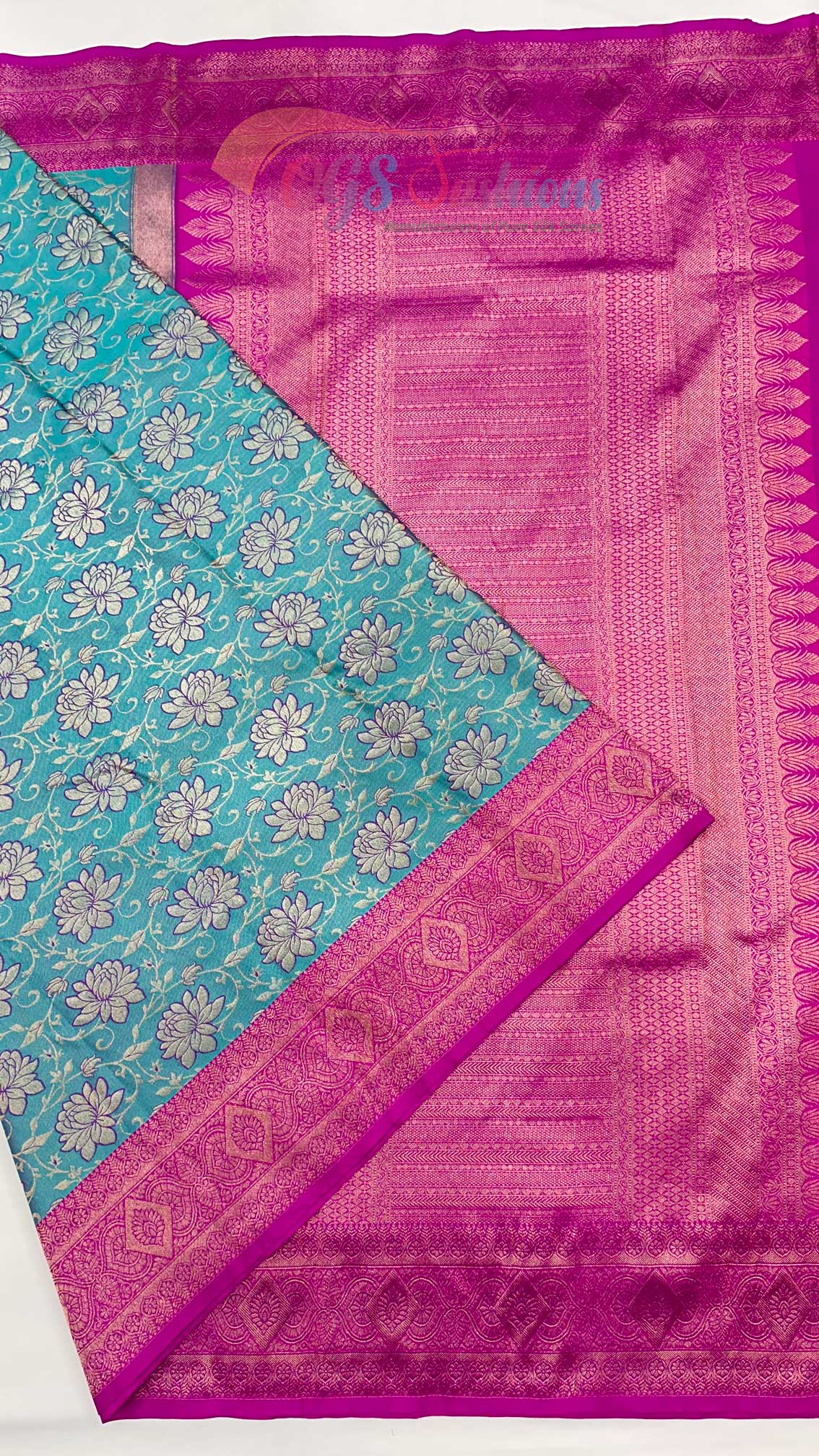 Kanchipuram Bridal Silk Saree with Light Blue Body with Rani Border, Pallu, Blouse