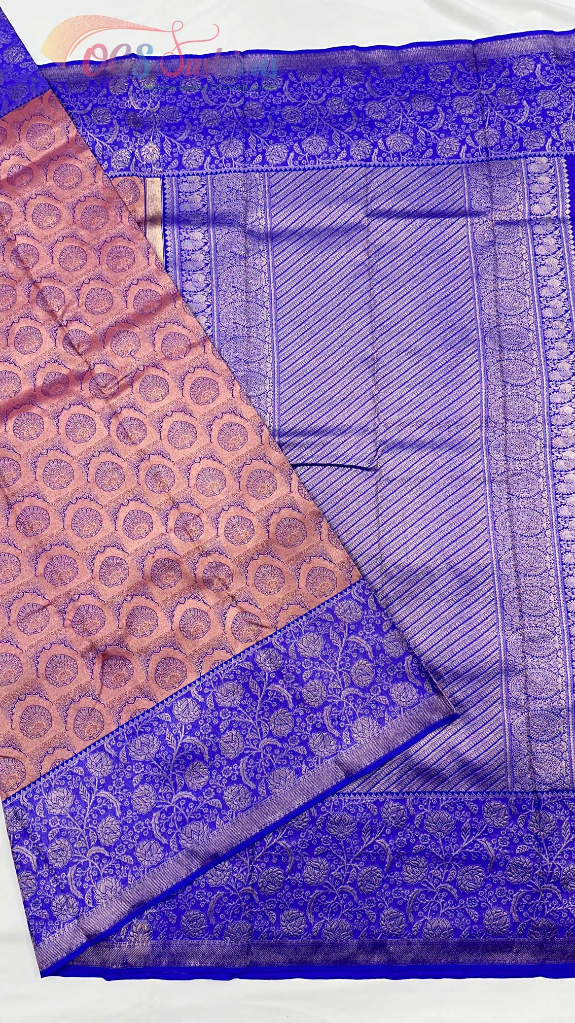 Kanchipuram Bridal Silk Saree with Rust Body with Indigo Blue Border, Pallu, Blouse