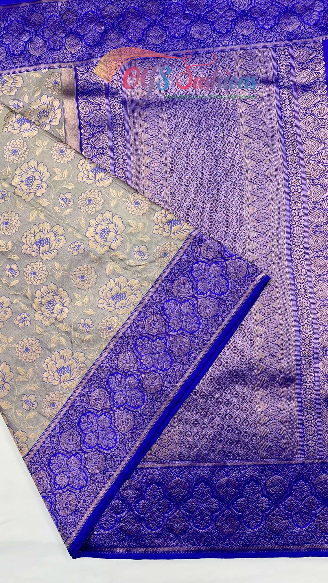 Kanchipuram Bridal Silk Saree with Grey Body with Indigo Blue Border, Pallu, Blouse