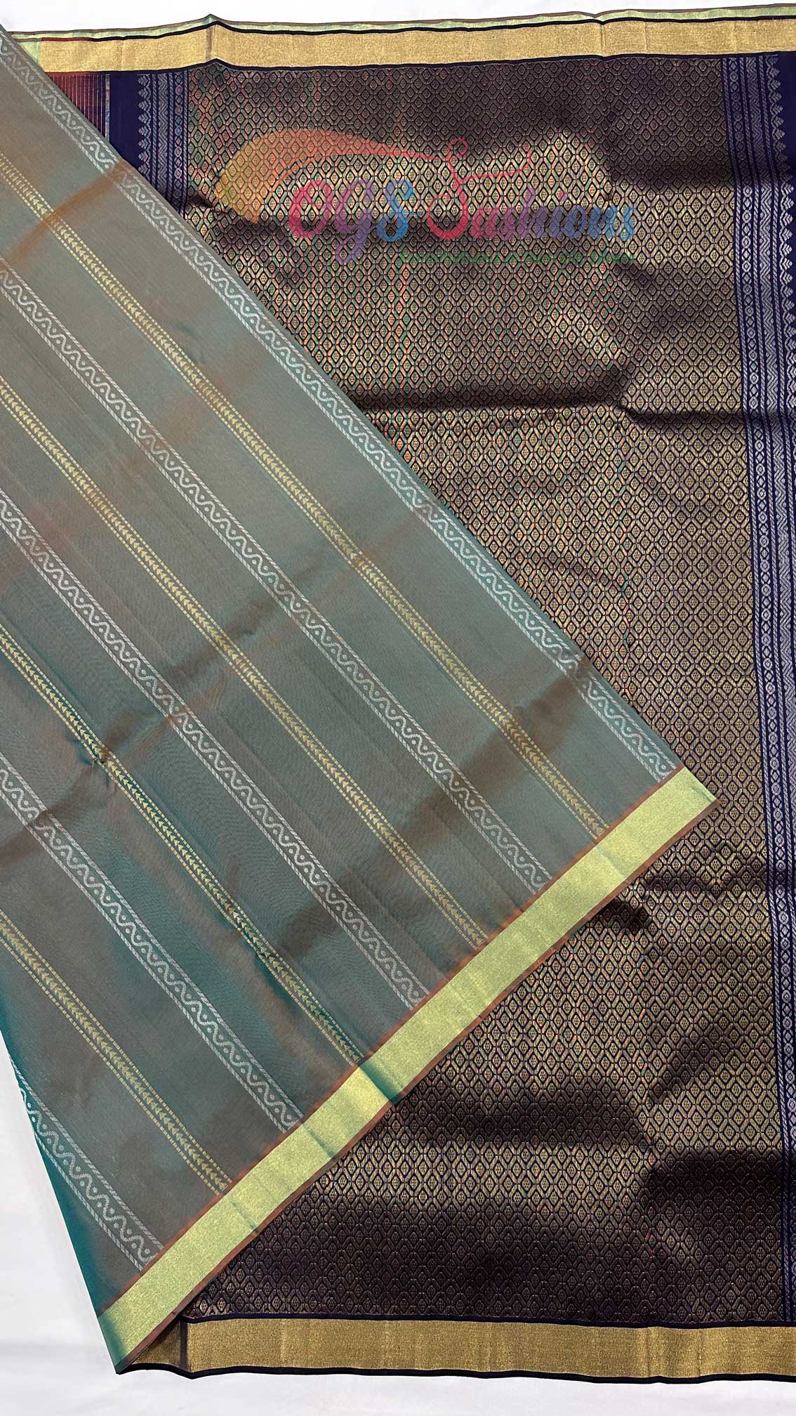 Kanchipuram Traditional Pure Silk saree Green With Blue Body and Navy Blue  Pallu