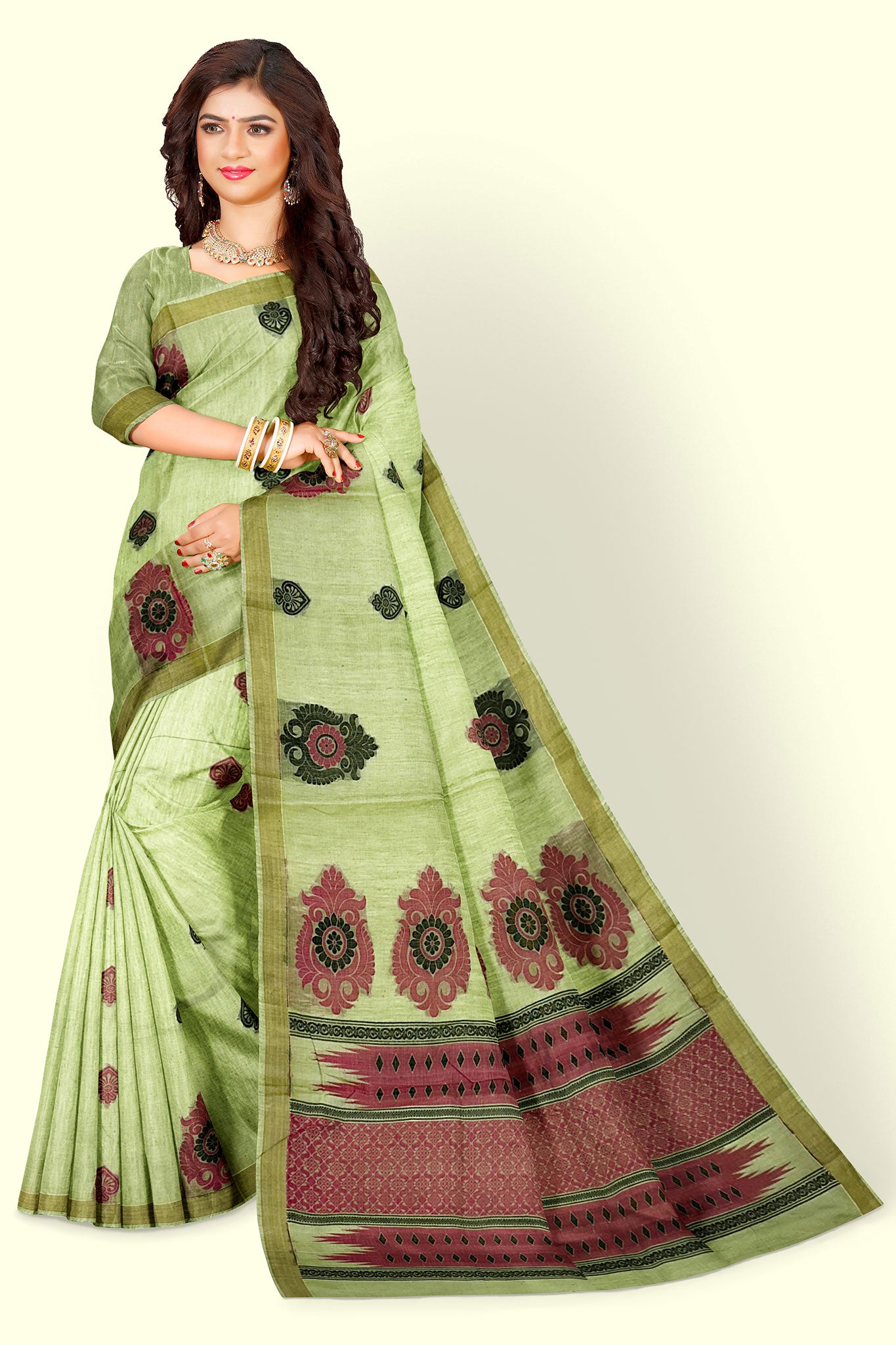 Pure Cotton Green Saree with Multi Color Thread Weaving Putta
