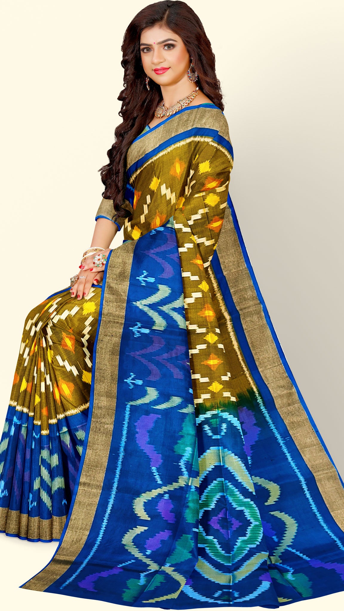Traditional Handloom Pochampalli Pure Silk Saree Olive Body with Blue Pallu