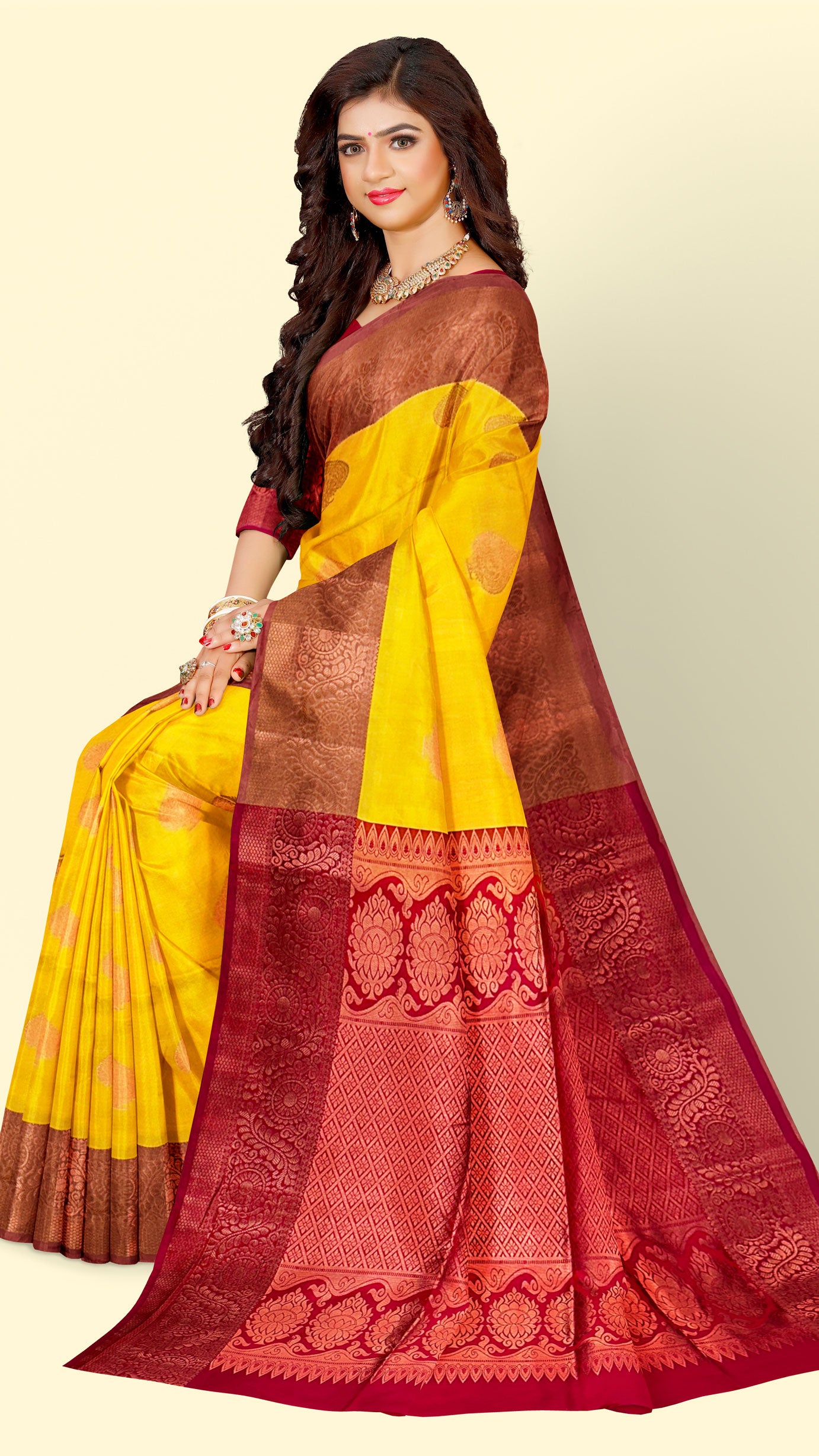 Semi Silk Korvai Yellow Body with Rani Pallu
