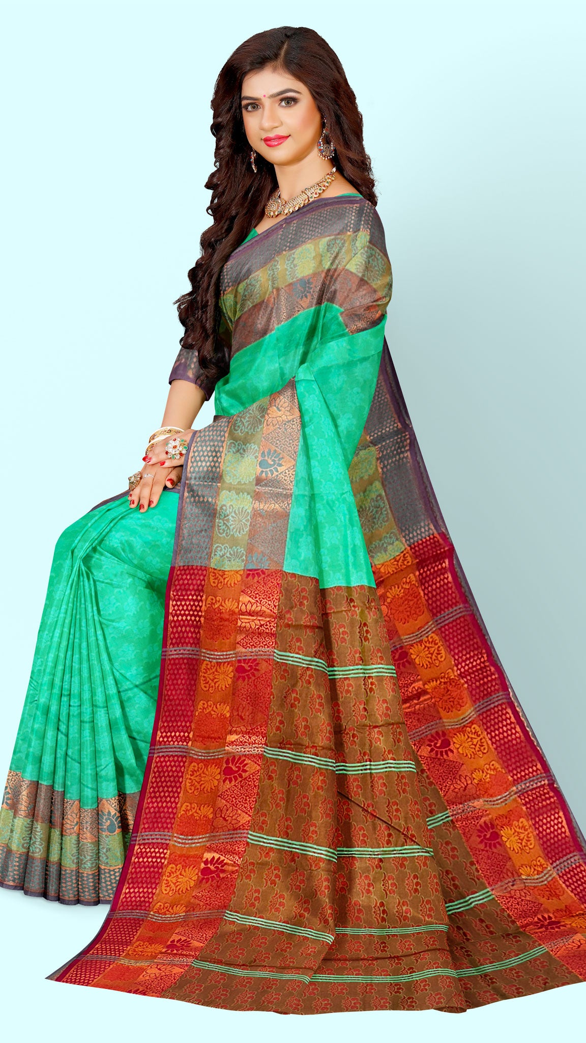 Semi Silk Mint Color Color Body With Pallu & Running Blouse