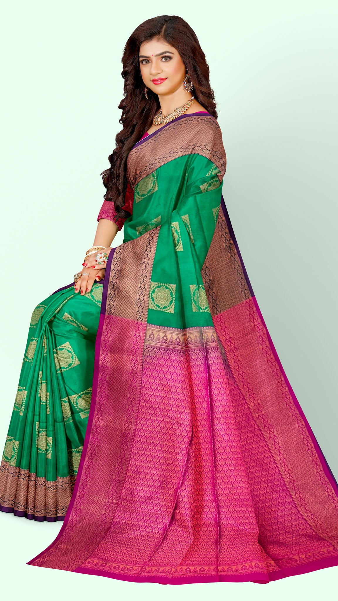 Semi Silk Green Body with Rani Pallu