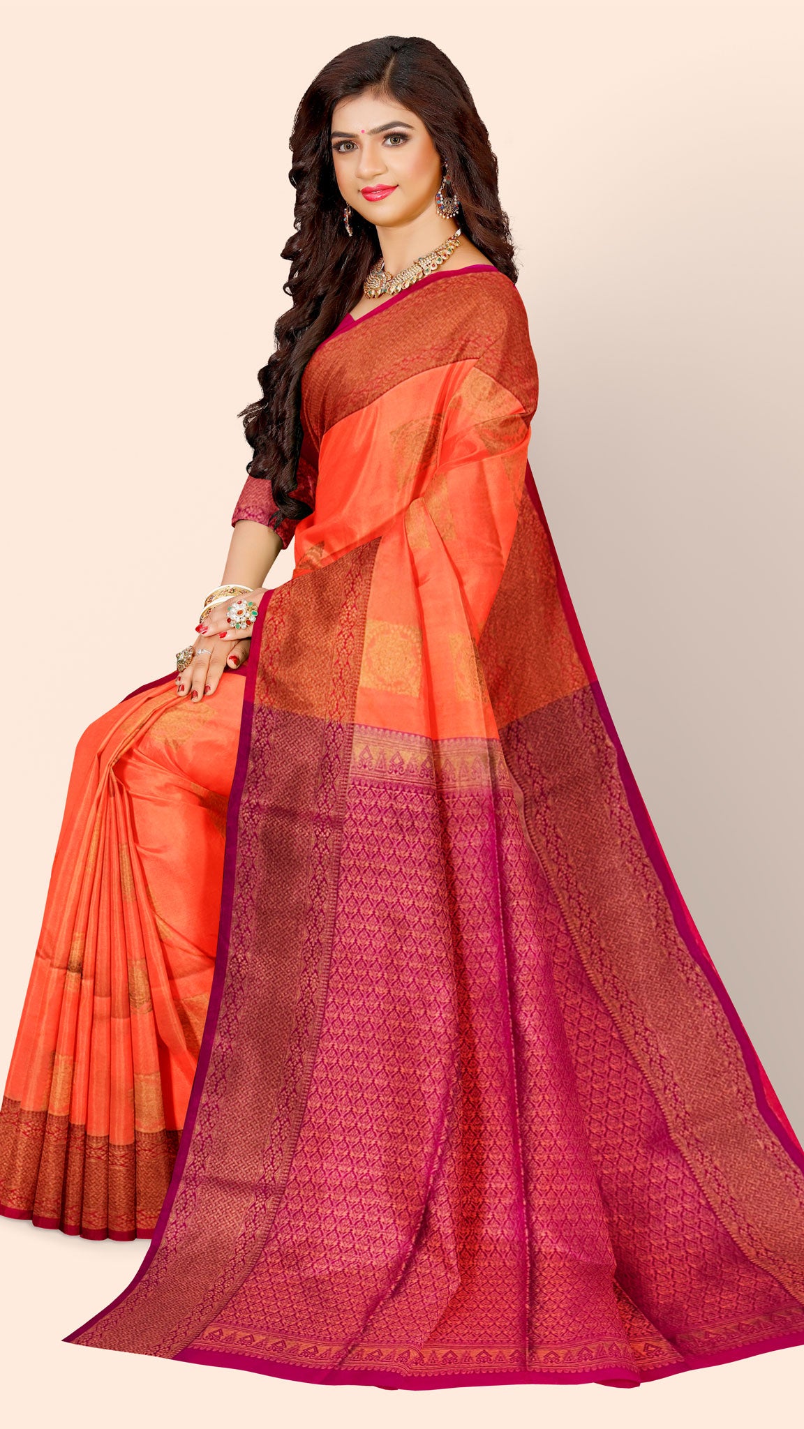 Semi Silk Orange Body with Rani Pallu