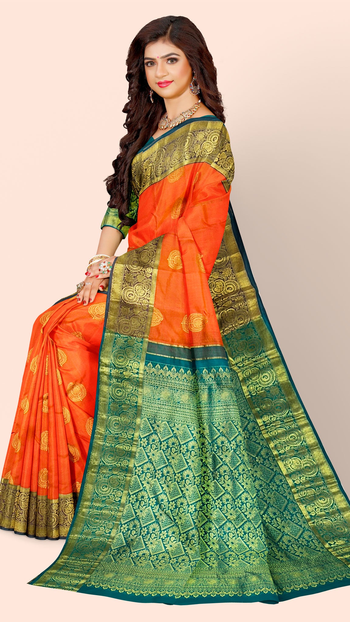 Kanchipuram Traditional Pure Silk Saree with Saffron body &Blue Green Pallu