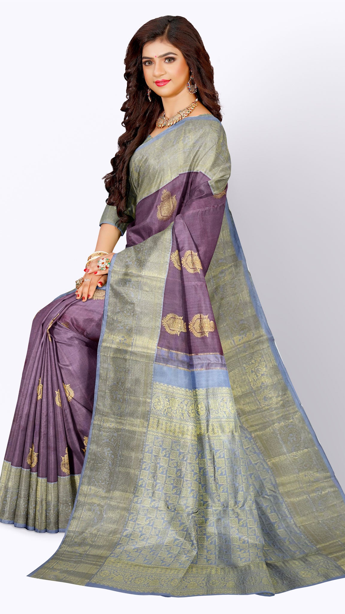 Kanchipuram Traditional Pure Silk Saree with Rosy Quratz body & Blue Grey Pallu