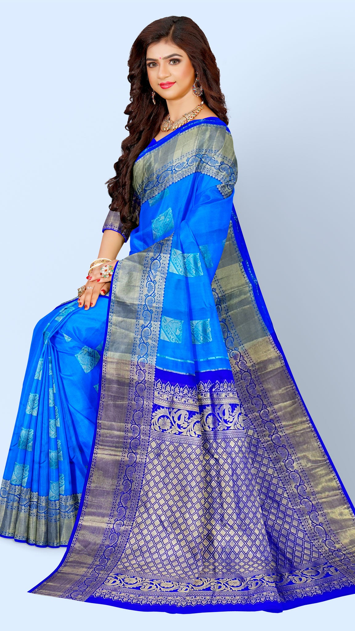 Kanchipuram Traditional Pure Silk Saree with Bule Body & Royal blue Pallu