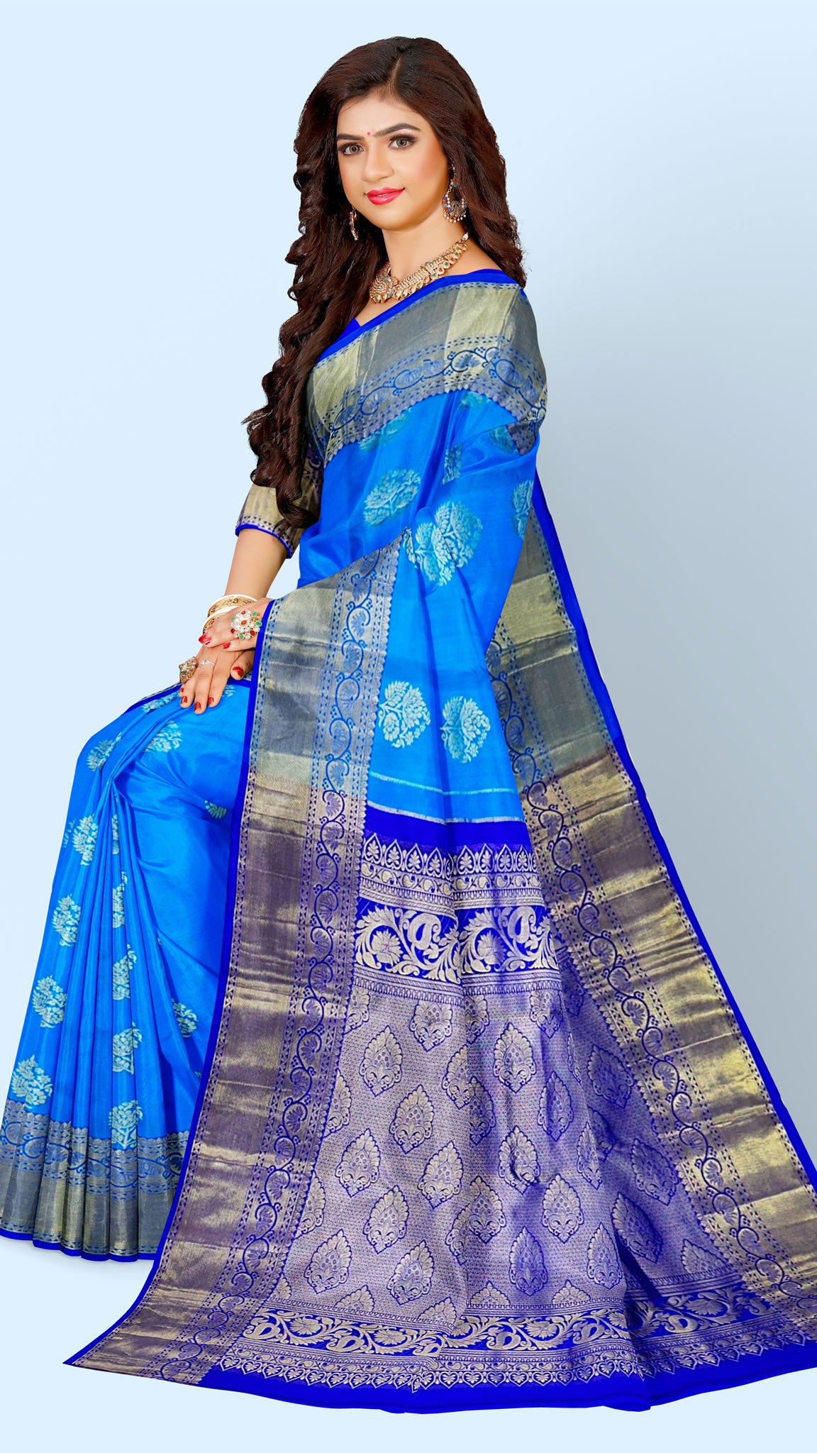 Kanchipuram Traditional Pure Silk Saree with Blue Body & Royal Blue Pallu