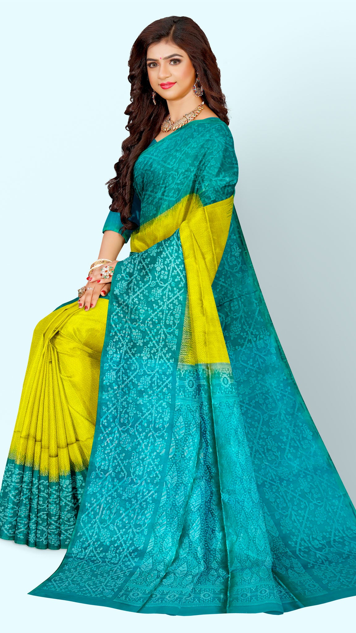 Kanchipuram Traditional Pure Silk Saree Yellow Green with Blue Light Green Pallu