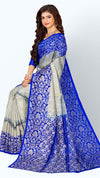Kanchipuram Traditional Pure Silk Saree Half White Body with Blue Pallu