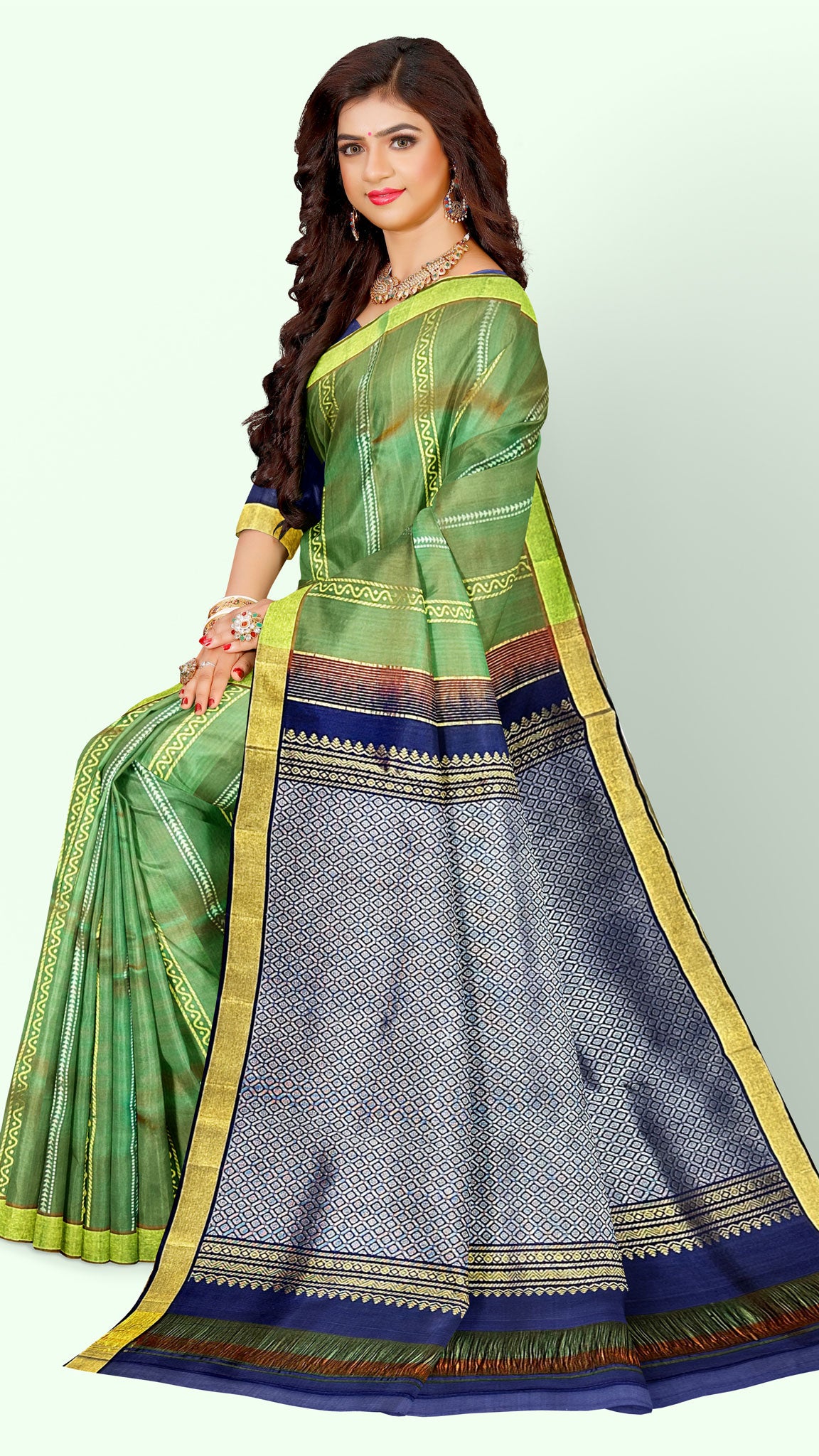 Kanchipuram Traditional Pure Silk saree  Light Green Body and Blue Pallu
